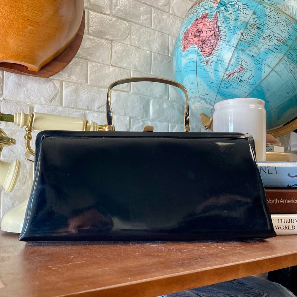 Vintage 1960s Bobbie Jerome Black Patent Leather Metal Top Handle Evening Bag - Picture 2 of 8
